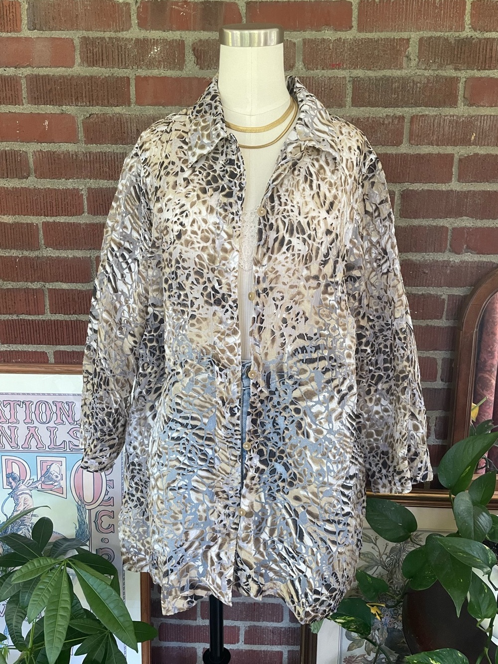 Vintage Sheer Mesh Neutral Animal-Print Button-Down Top in Tan, Brown, Cream